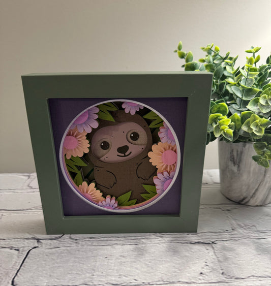 Sloth in flowers mini 3D paper art in a shadowbox