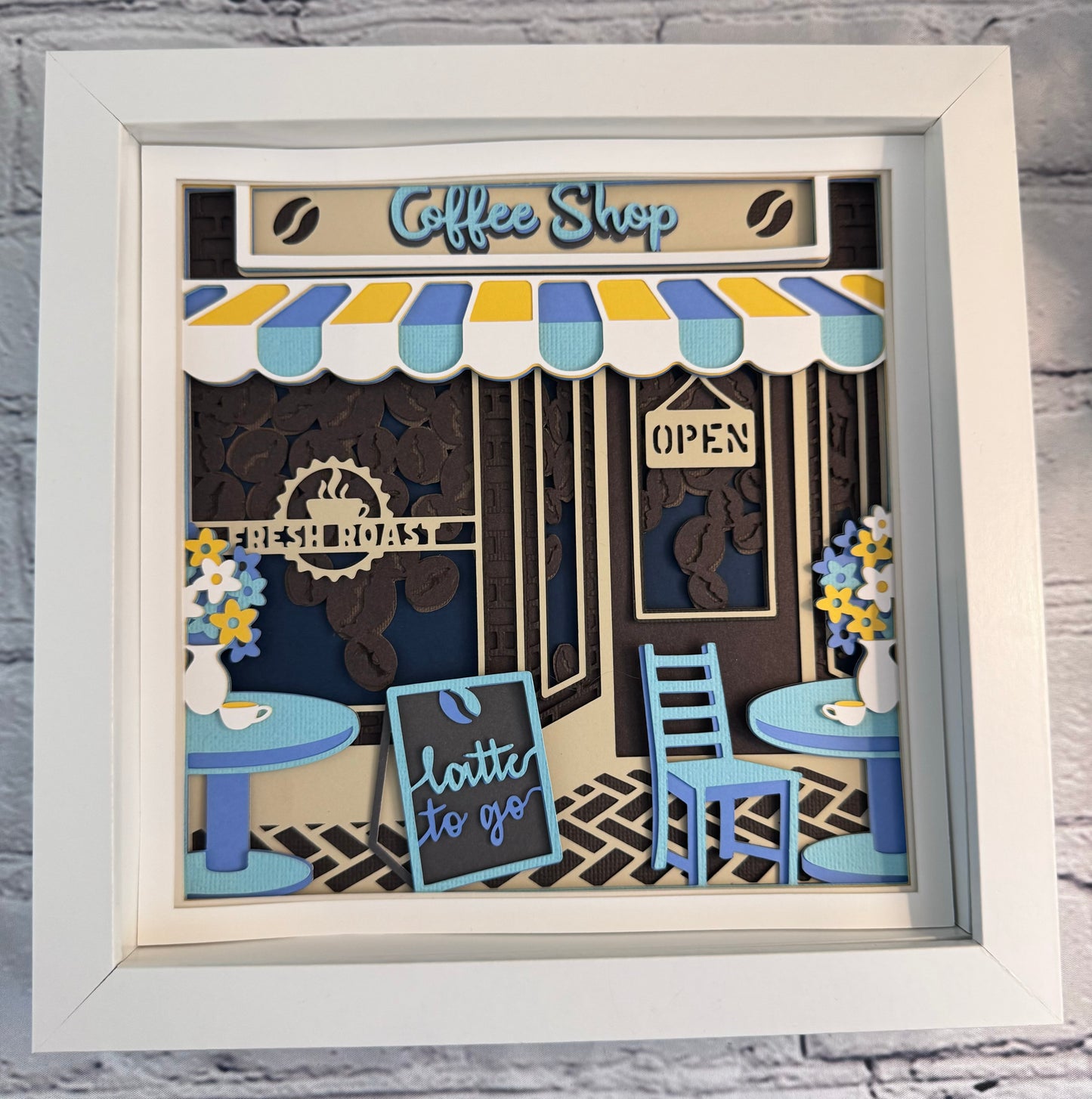 Coffee shop 3D paper art in a shadowbox