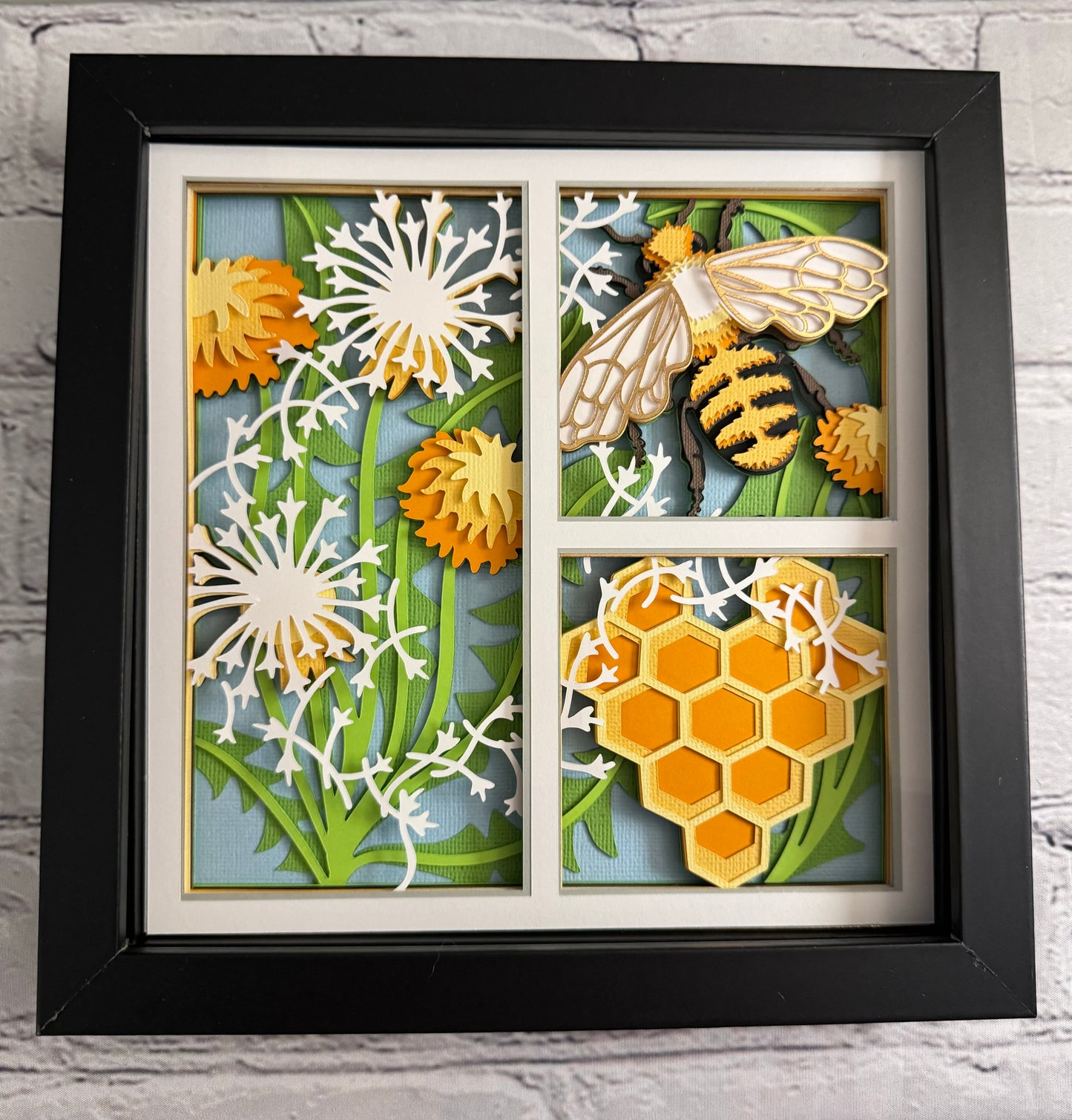 Bee scene three panel design 3D paper art in a shadowbox