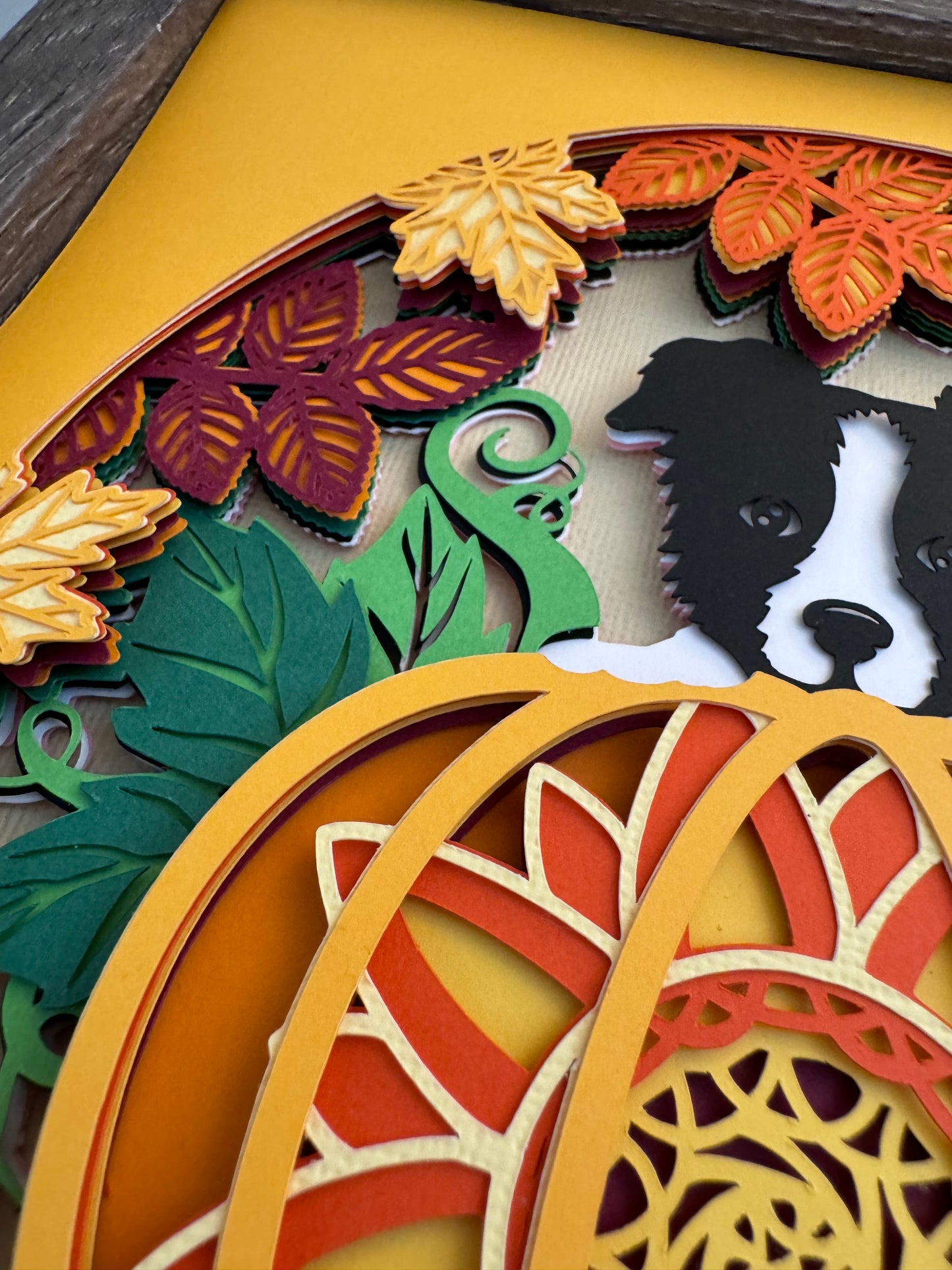 Dog in the pumpkin patch 3D paper art shadowbox