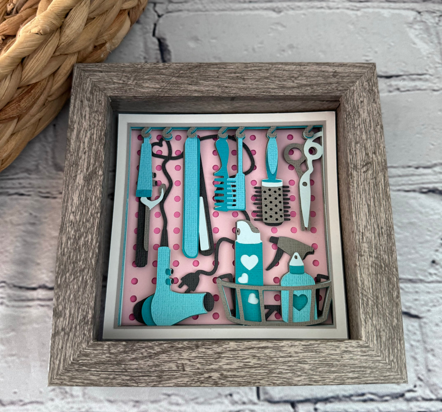 Hair dresser tools mini 3D paper art in a shadowbox