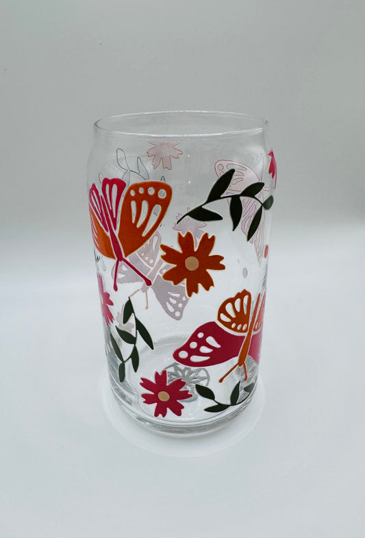 Coral and pink butterflies beer can glass