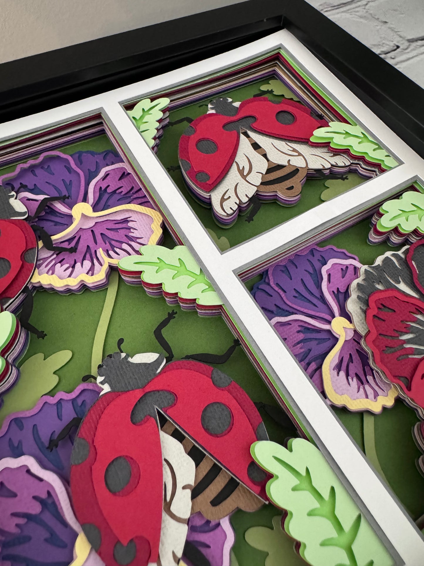 Ladybug and flowers design 3D paper art in a shadowbox