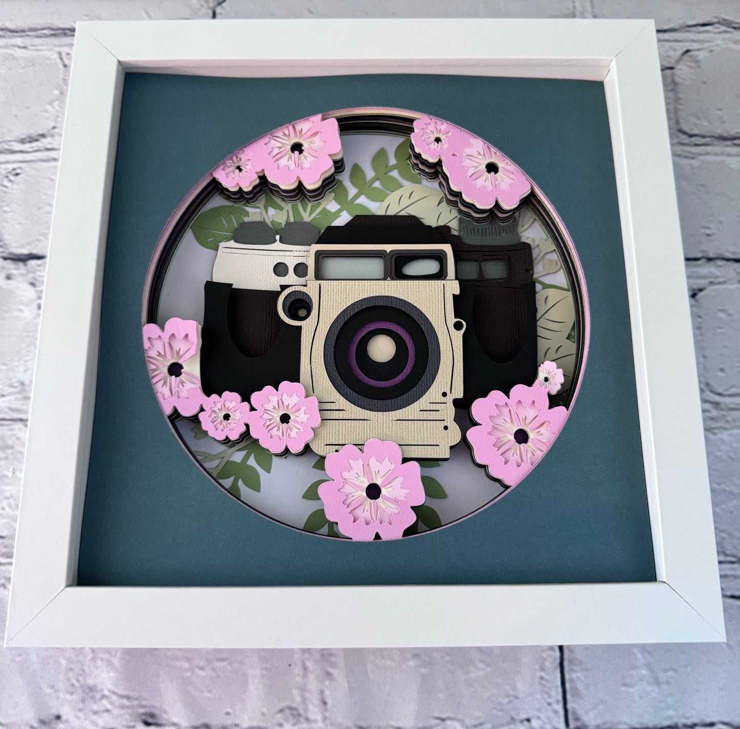 Camera with flowers design 3D paper art in a shadowbox