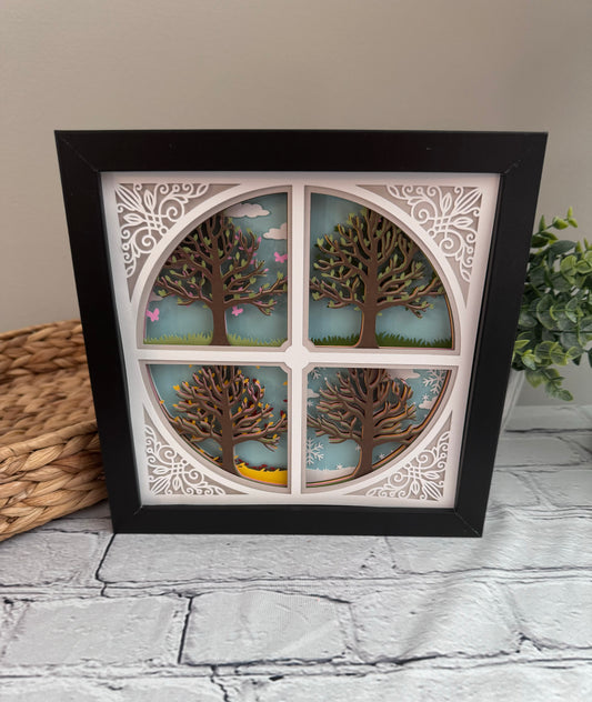 Intricate frame four seasons trees 3D paper art in a shadowbox