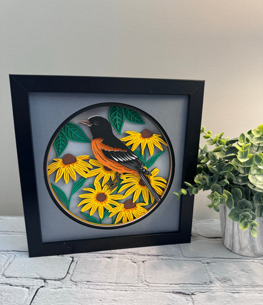 Baltimore oriole Maryland state bird 3D paper art in a shadowbox