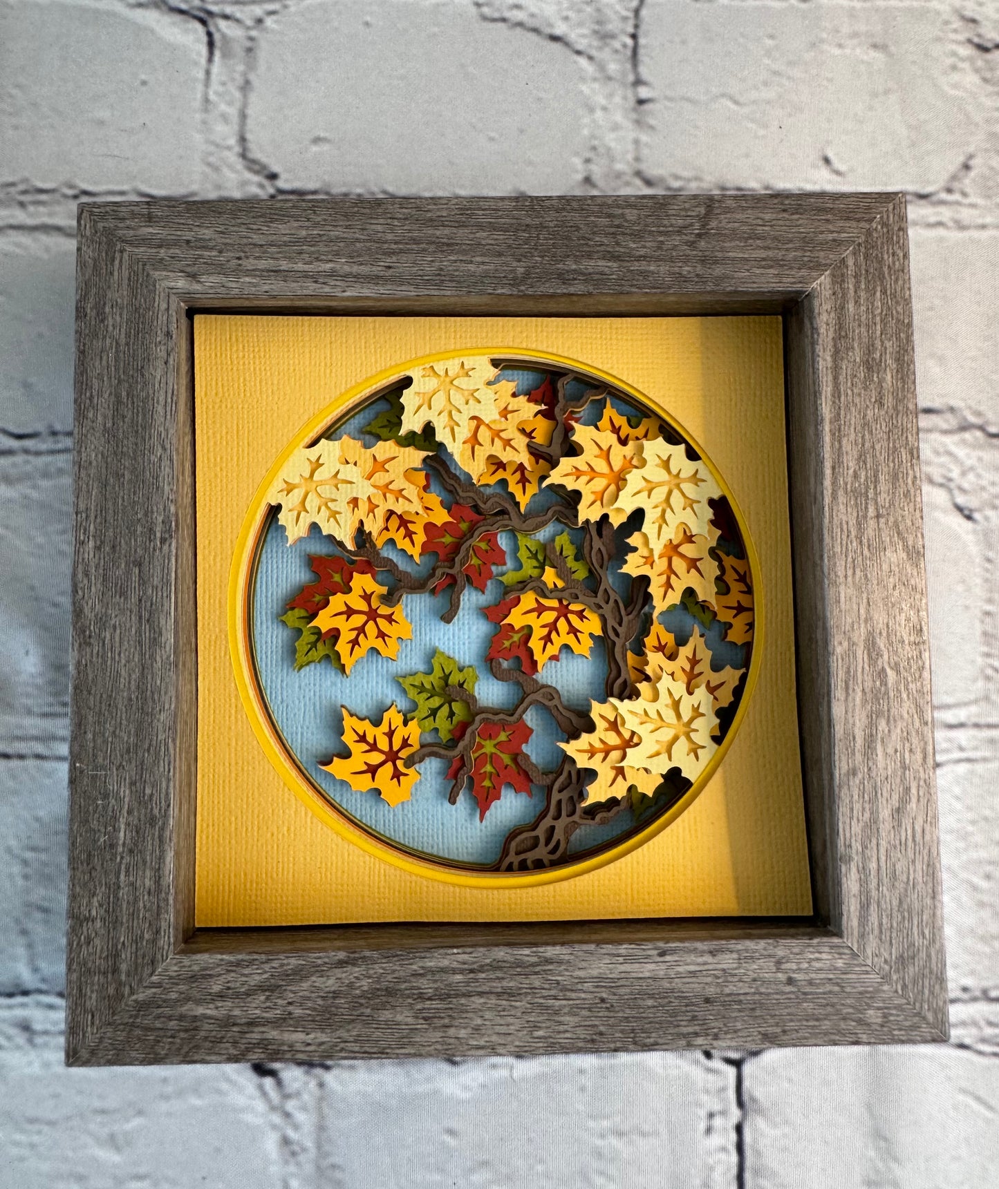 Fall maple tree branch mini 3D paper art in a shadowbox