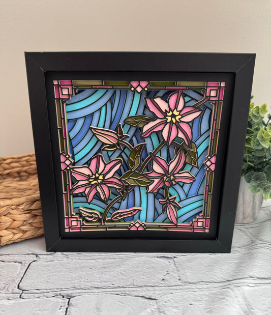 Stained glass pink clematis 3D paper art in a shadowbox