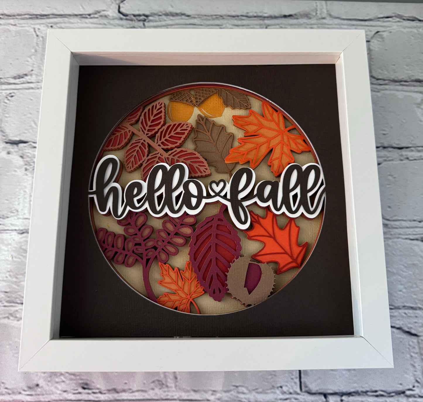 Hello fall leaves and acorns design 3D paper art in a shadowbox