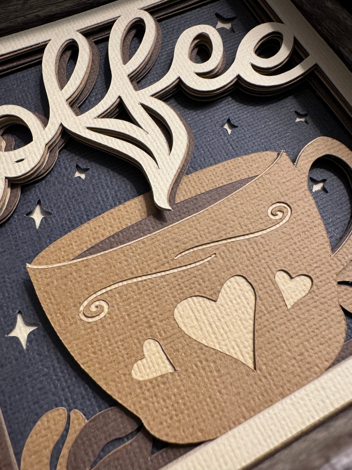 Coffee cup with hearts mini 3D paper art in a shadowbox