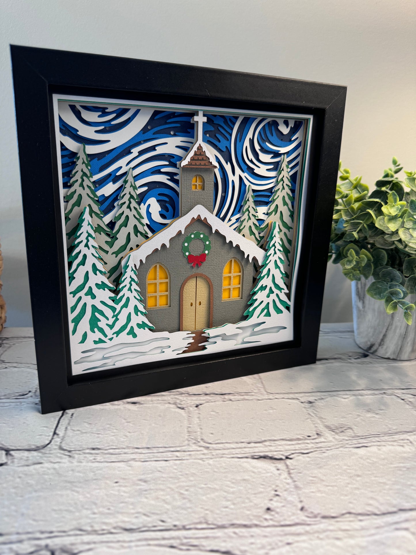 Christmas church swirly skies 3D paper art shadowbox