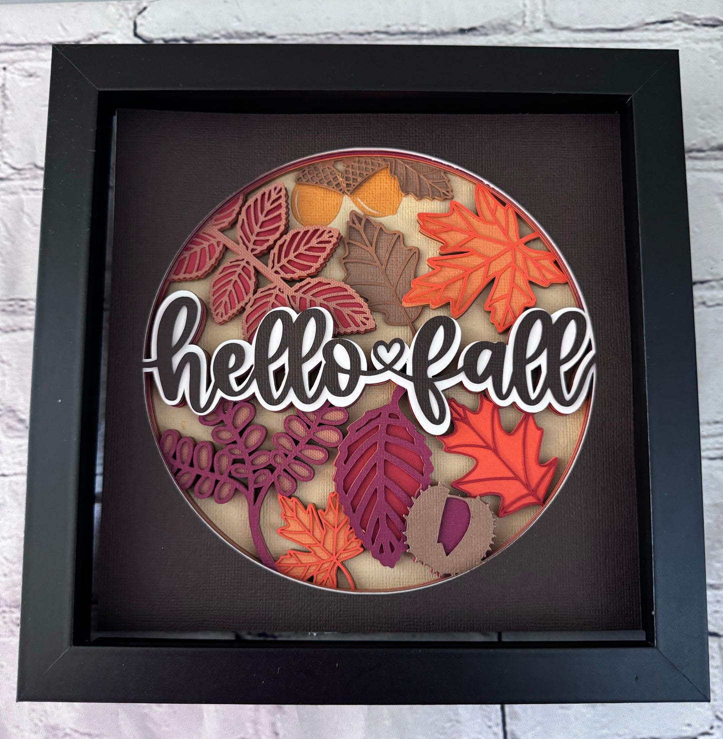 Hello fall leaves and acorns design 3D paper art in a shadowbox