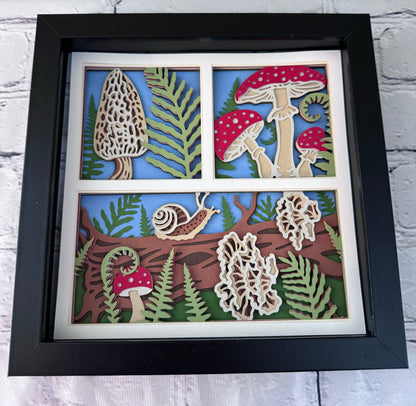 Mushroom forest three panel design 3D paper art in a shadowbox