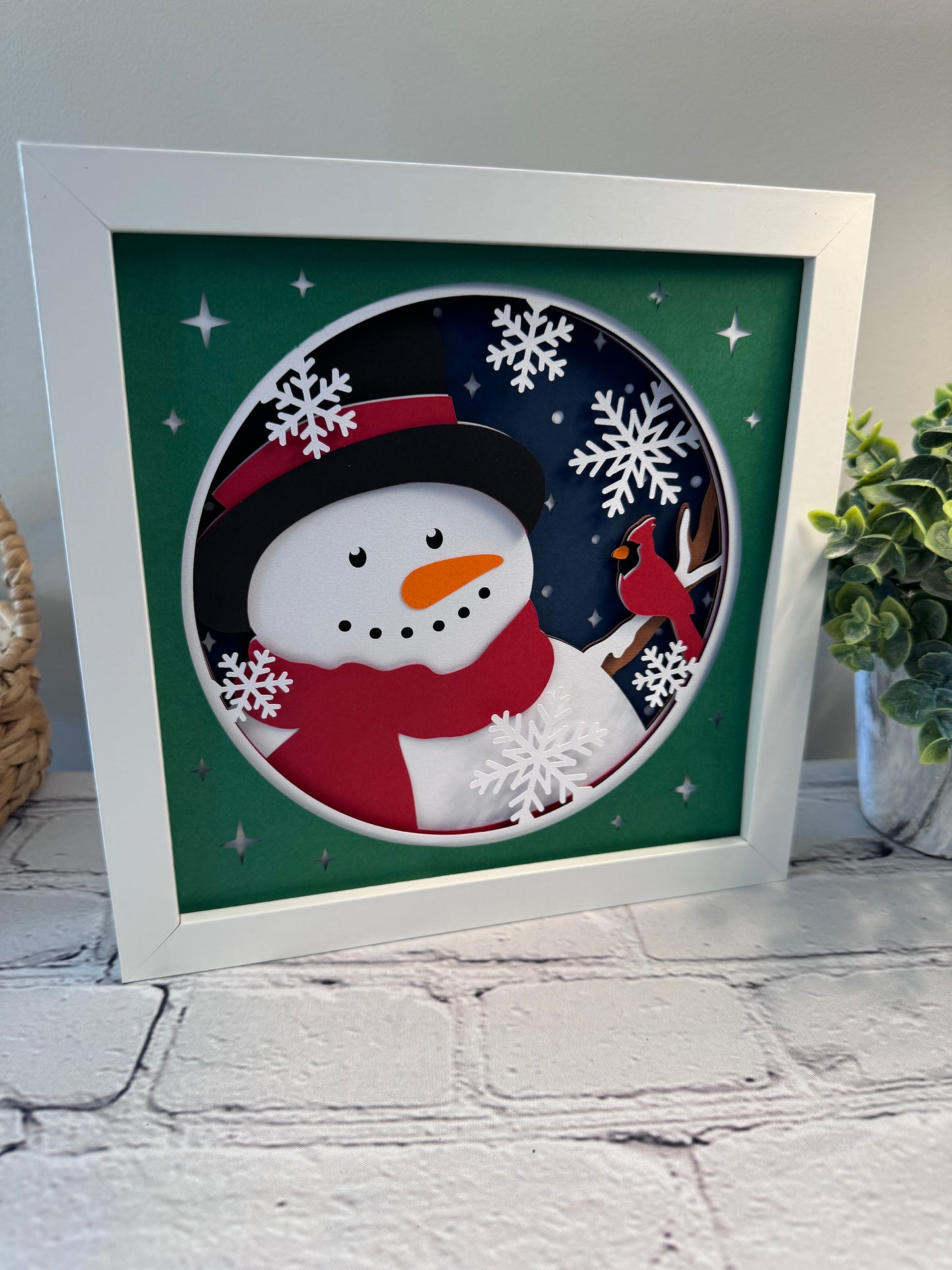 Snowman with cardinal close up 3D paper art shadowbox