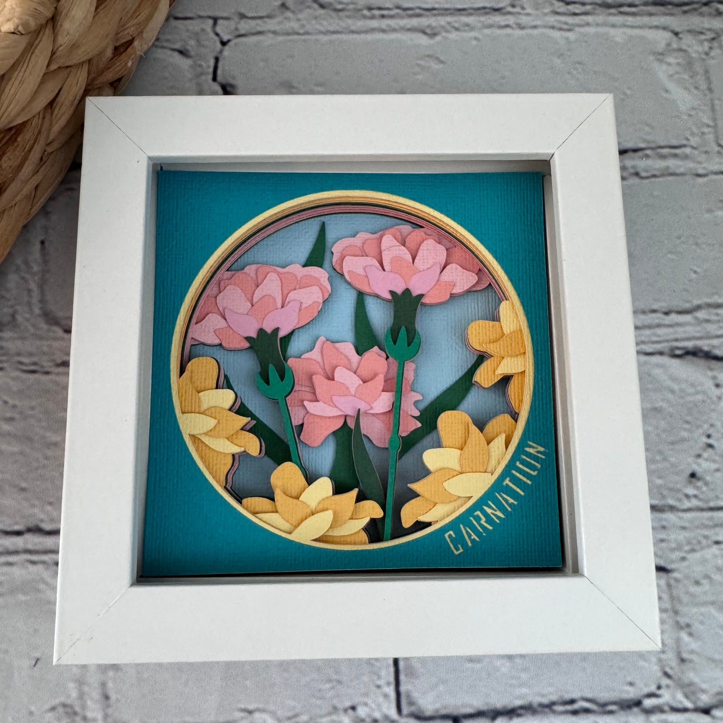 Carnation mini 3D paper art in a shadowbox