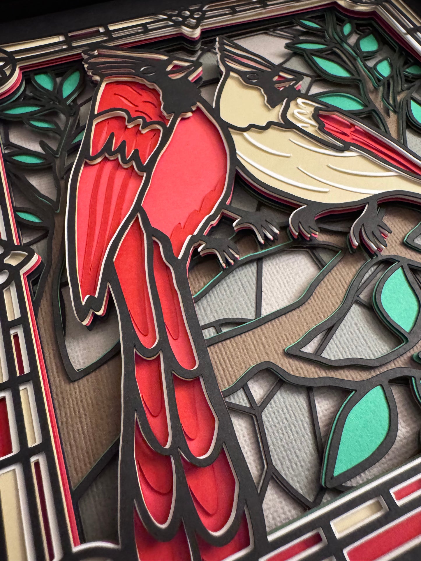 Stained glass cardinals 3D paper art in a shadowbox
