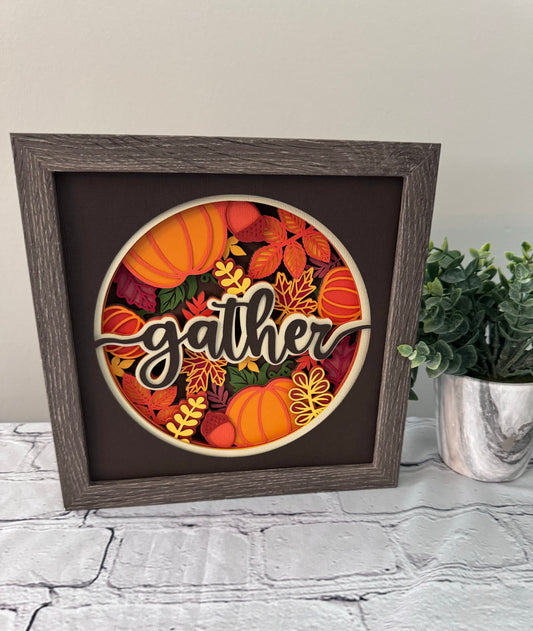 Gather fall leaves and pumpkins design 3D paper art in a shadowbox