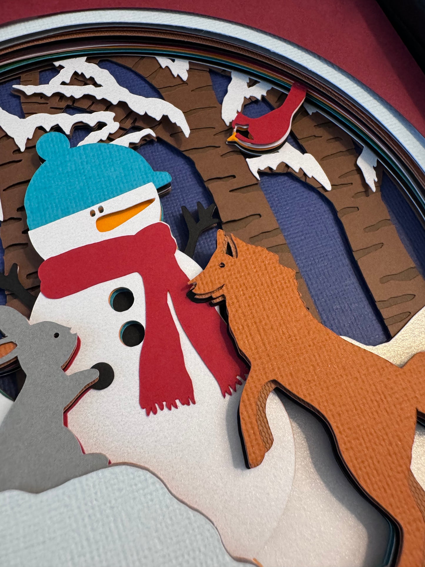 Snowman with fox and rabbit 3D paper art shadowbox