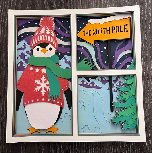 Penguin and northern lights window 3D paper art in a shadowbox