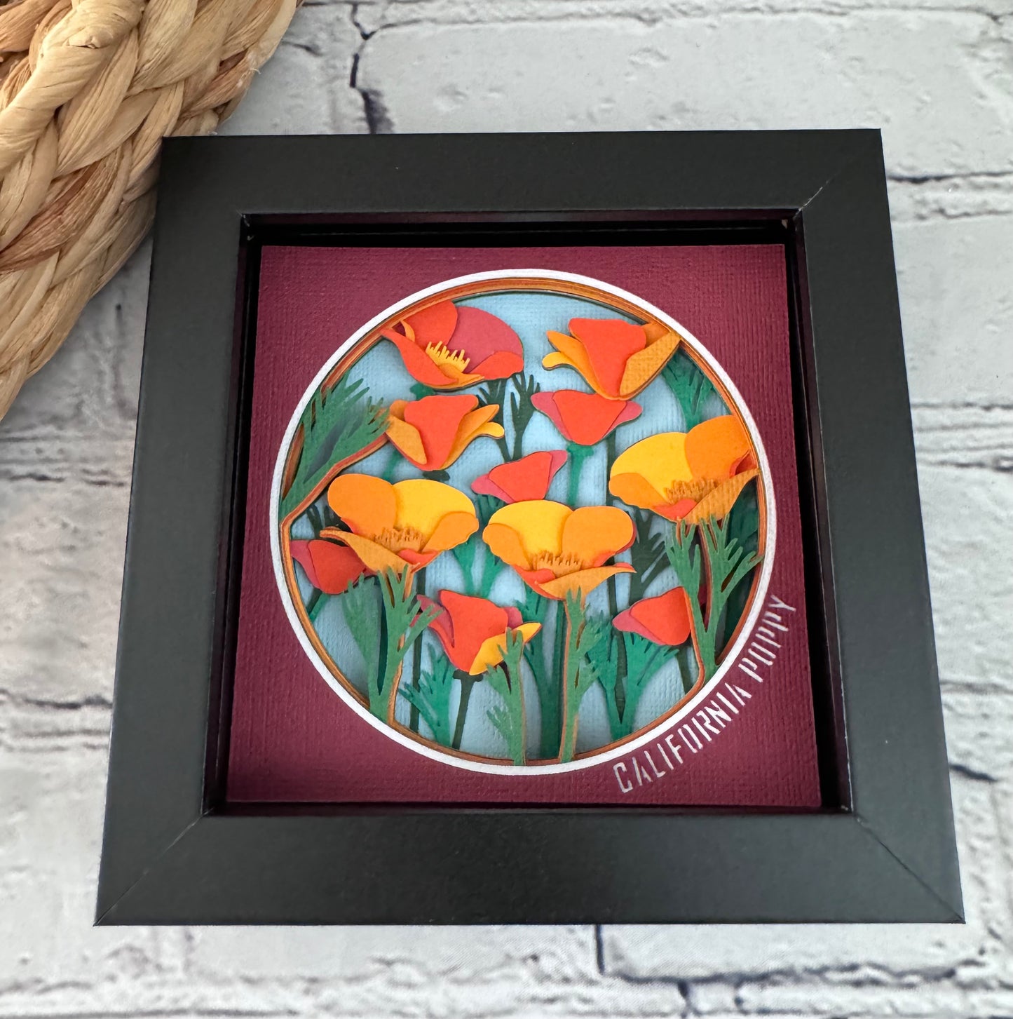 California poppy mini 3D paper art in a shadowbox