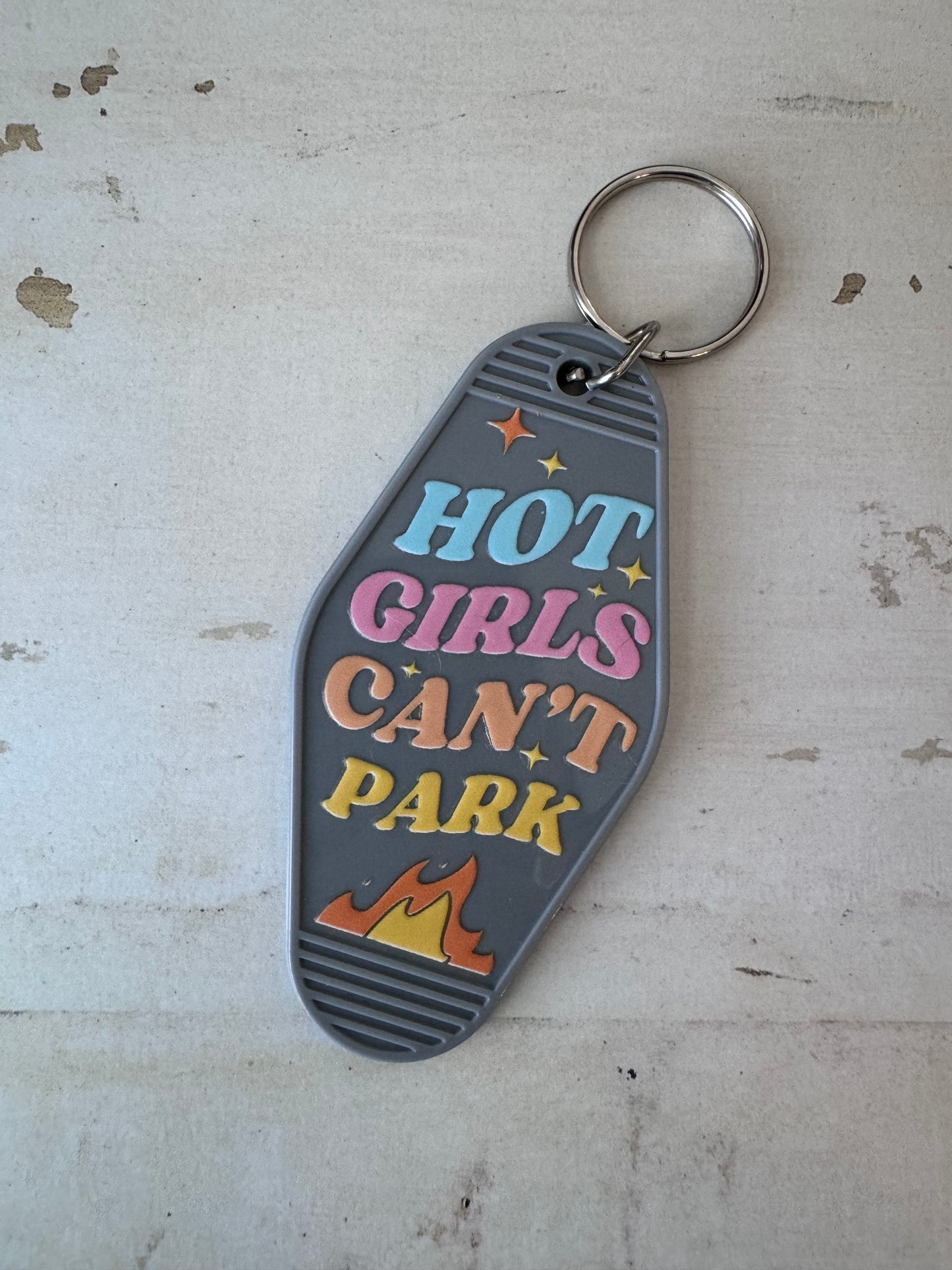 Hot girls can’t park retro motel keychain