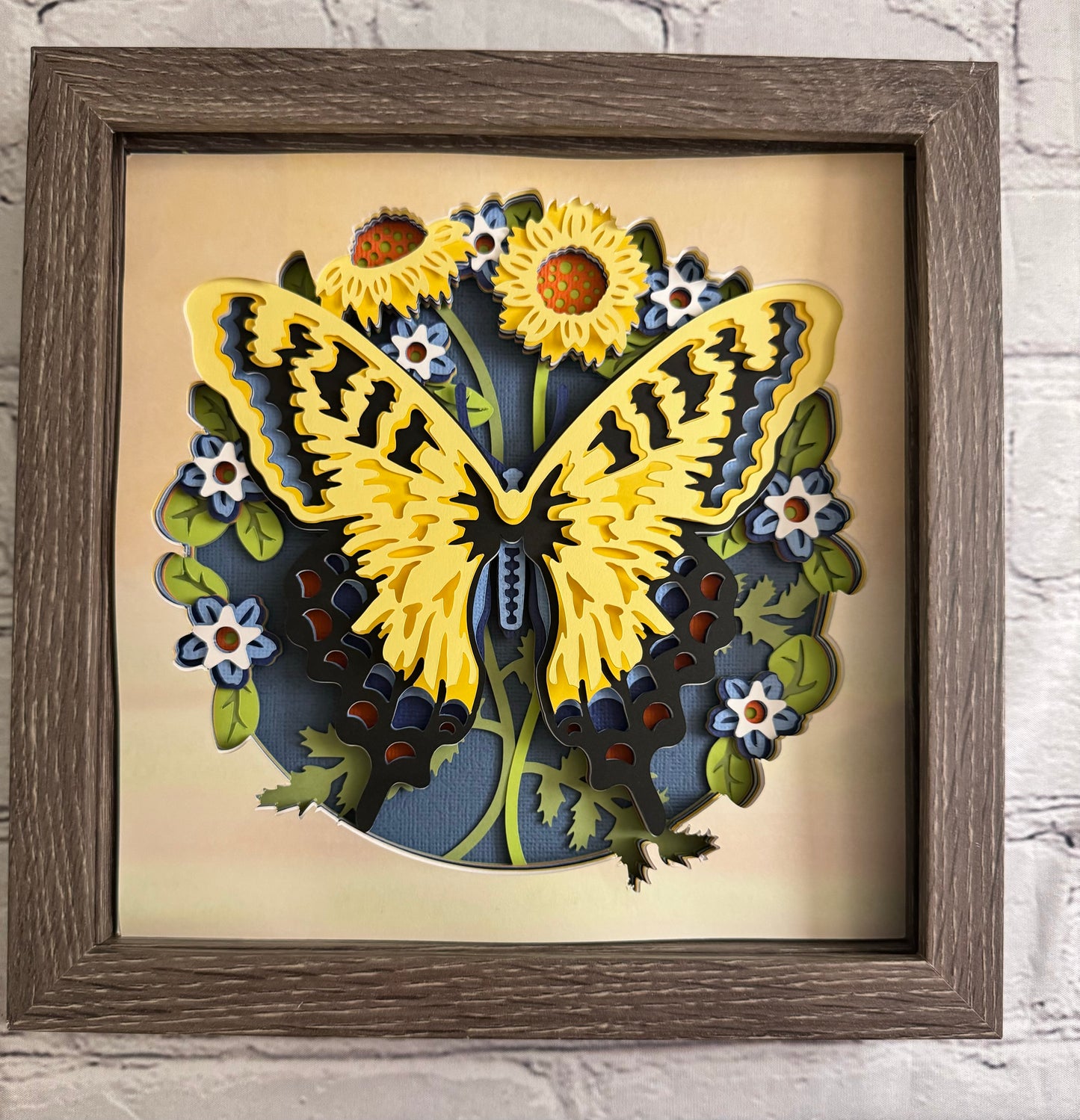 Butterfly solo scene tiger swallowtail butterfly 3D paper art in a shadowbox