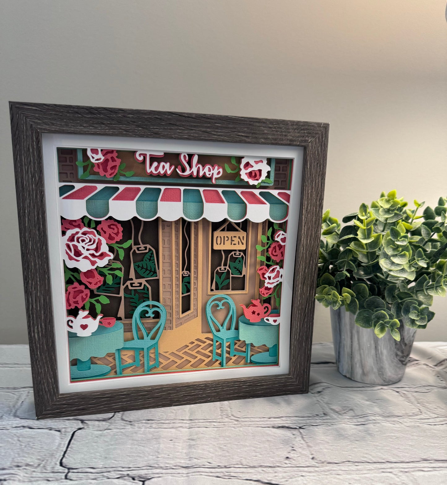 Tea shop 3D paper art in a shadowbox