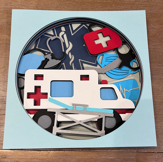 Ambulance EMS 3D paper art in a shadowbox