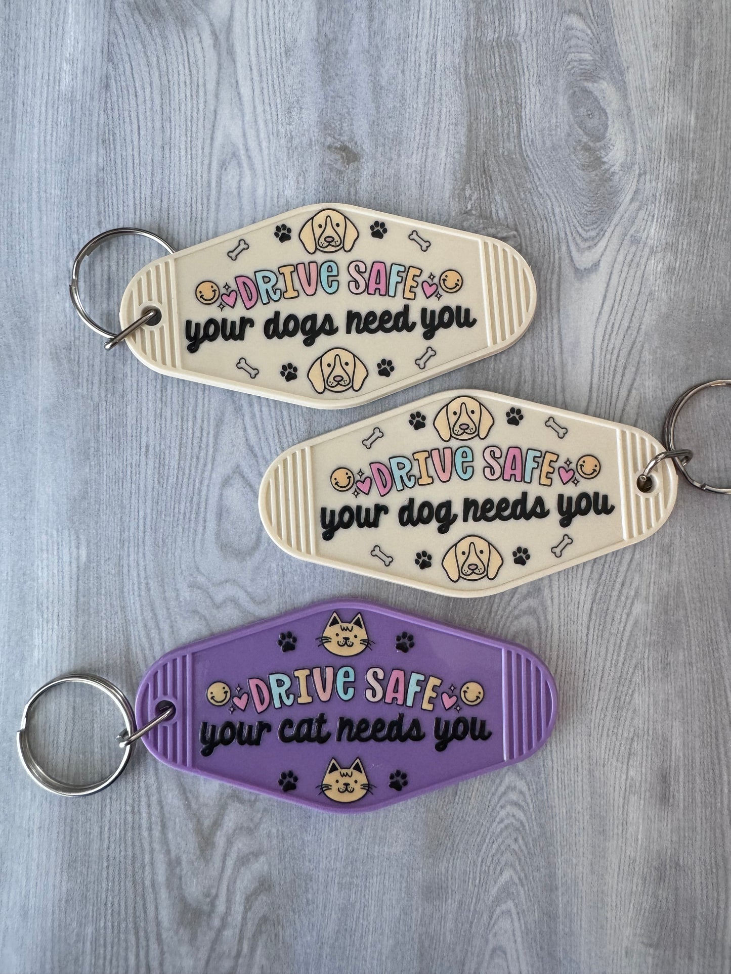 Drive safe, your dog needs you retro motel keychain