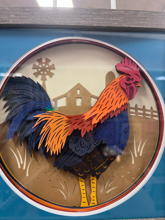 Rooster 3D paper art in a shadowbox