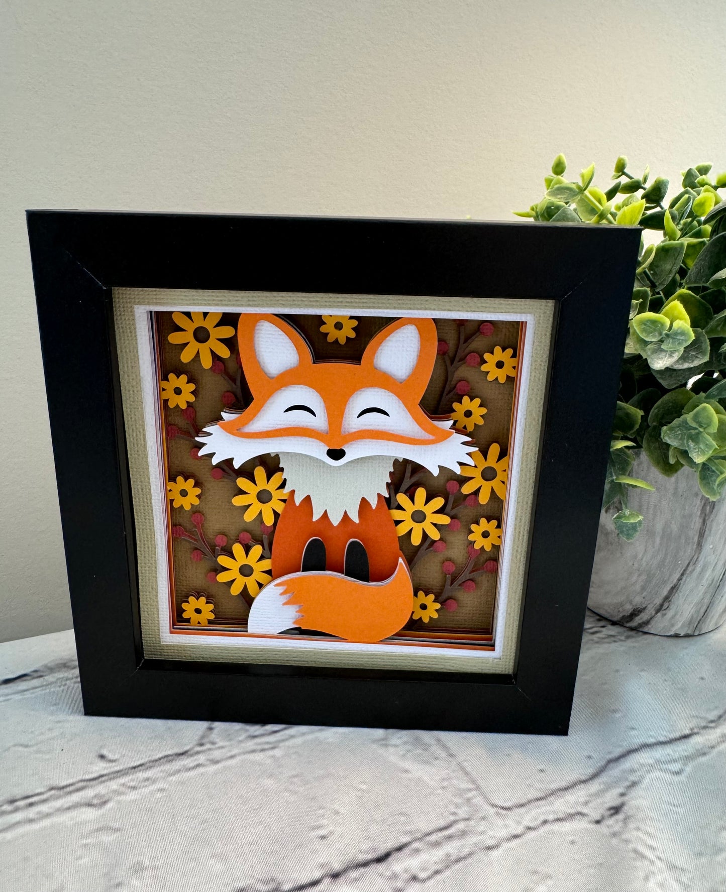 Fall fox mini 3D paper art in a shadowbox