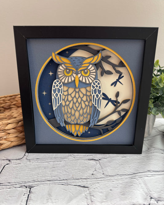 Owl nighttime scene 3D paper art in a shadowbox