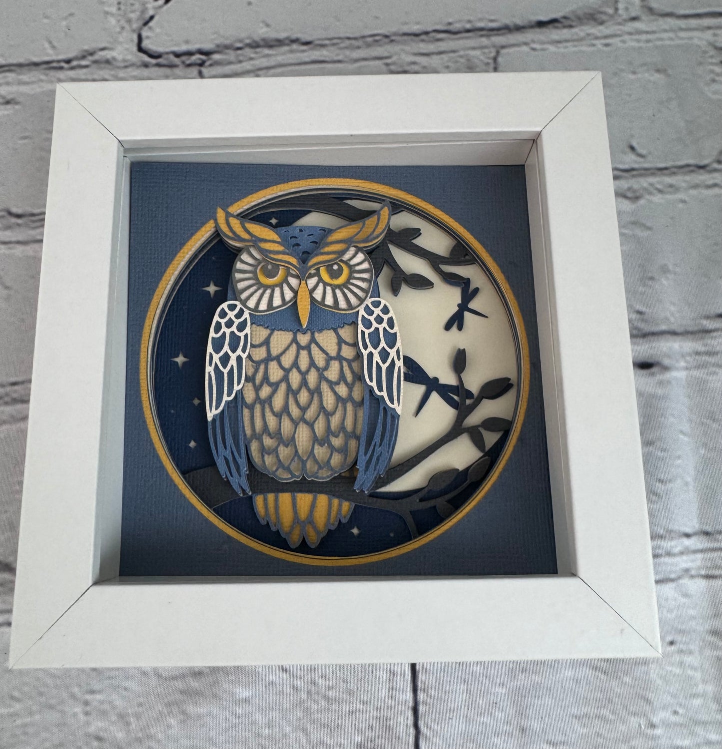 Owl nighttime scene mini 3D paper art in a shadowbox