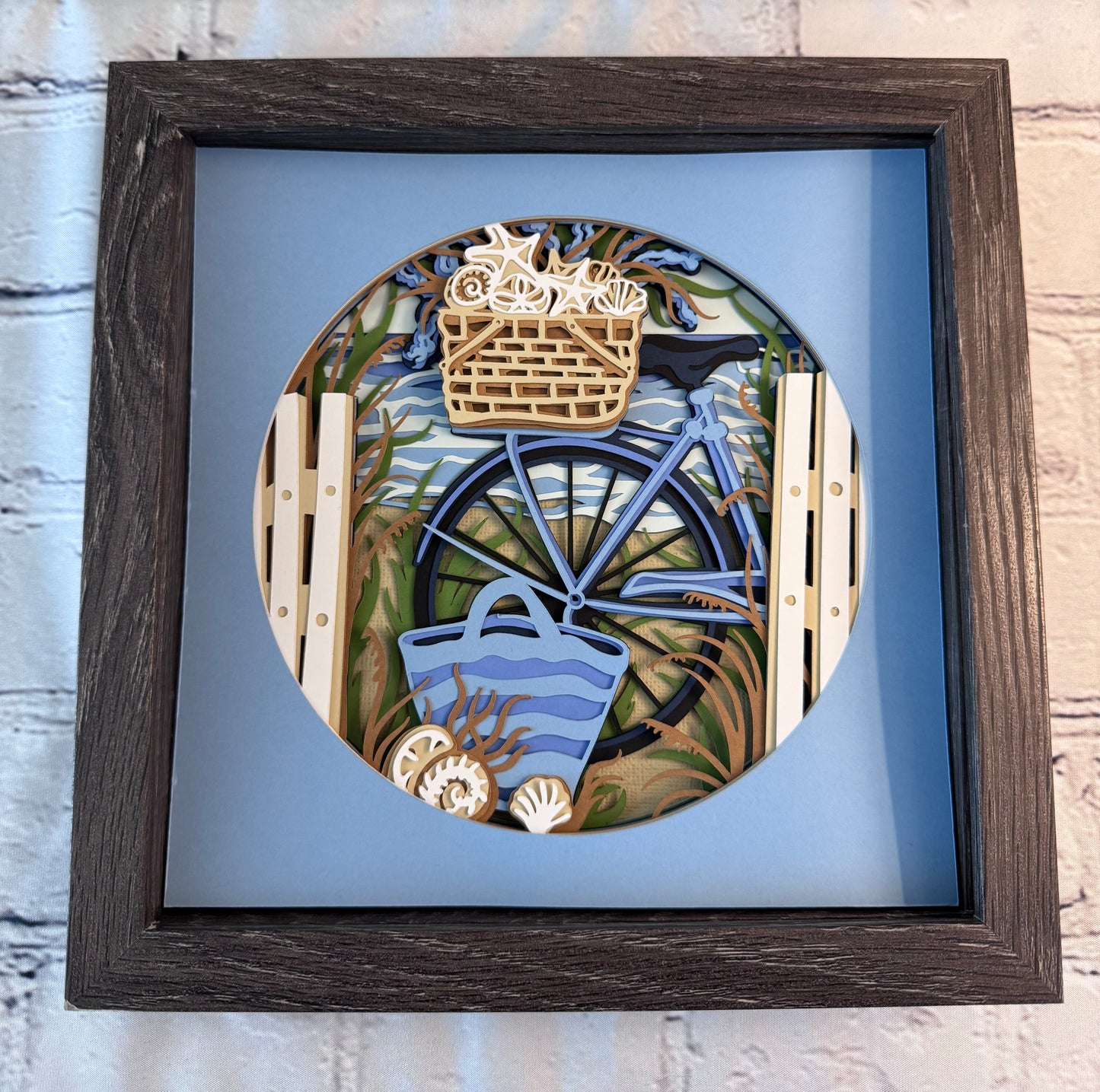 Beach bike and bag 3D paper art in a shadowbox