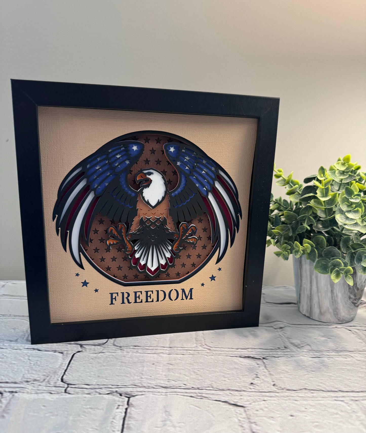 Freedom eagle 3D paper art in a shadowbox