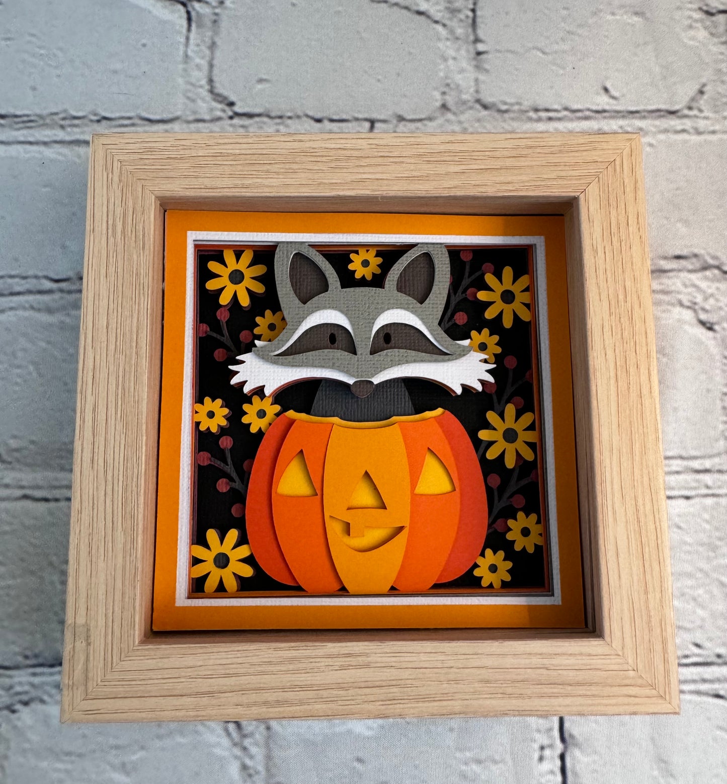 Fall raccoon in a pumpkin mini 3D paper art in a shadowbox