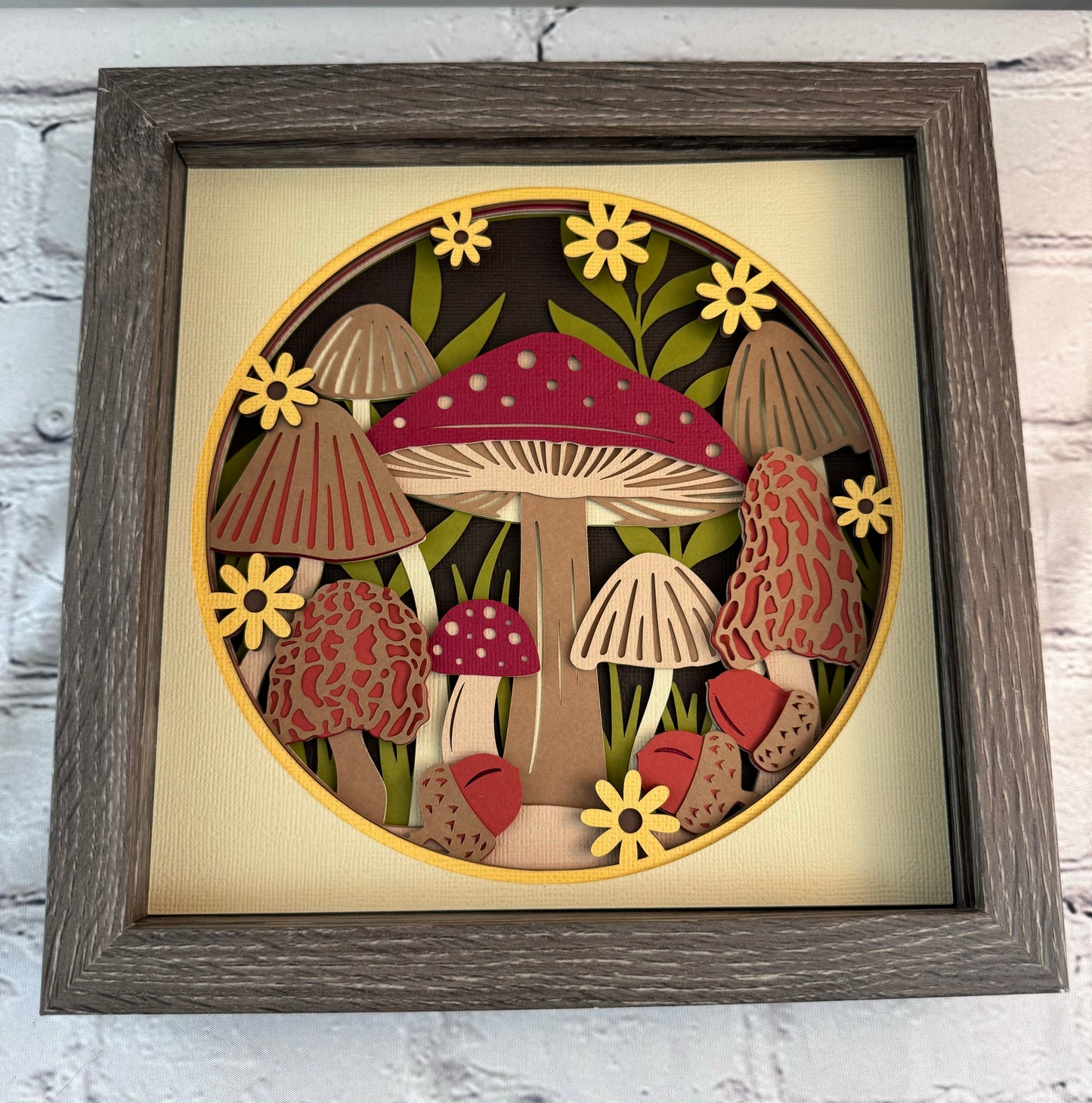 Mushroom fall forest design 3D paper art in a shadowbox