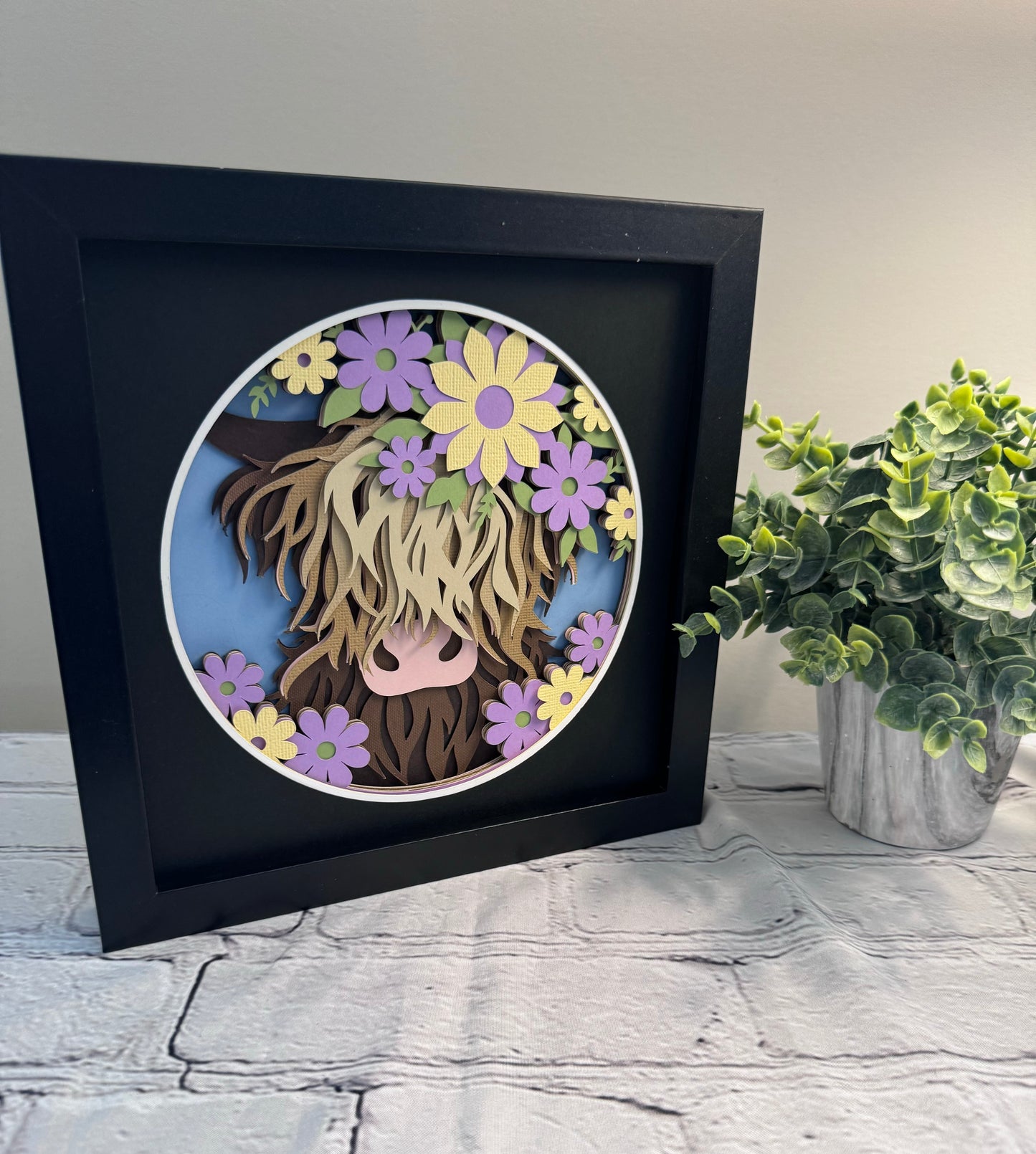 Highland cow 3D paper art in a shadowbox