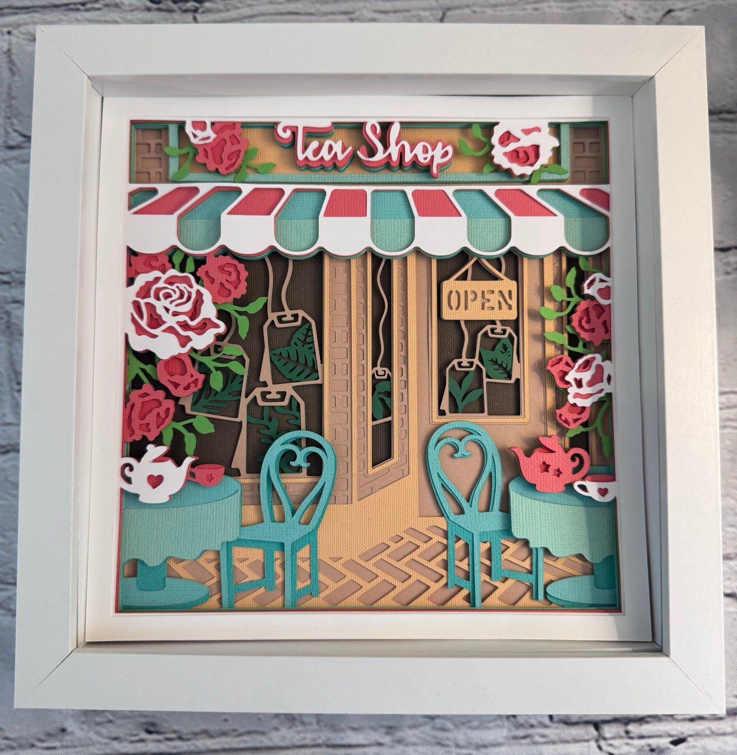 Tea shop 3D paper art in a shadowbox