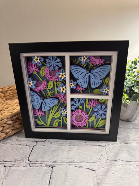 Butterfly 3 panel scene blue morpho butterfly 3D paper art in a shadowbox