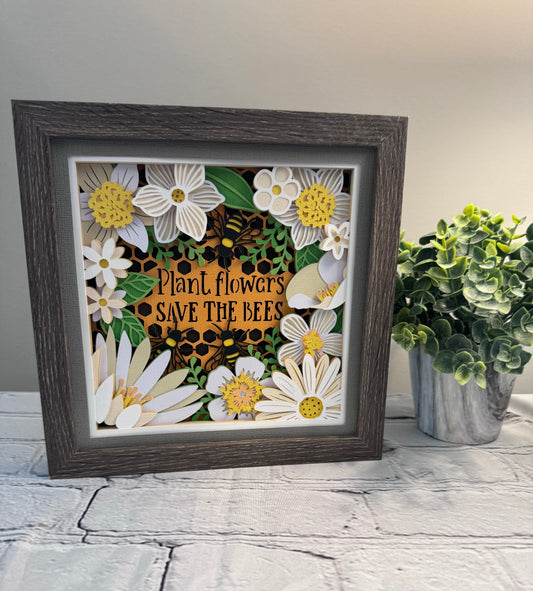 Plant flowers save the bees 3D paper art in a shadowbox