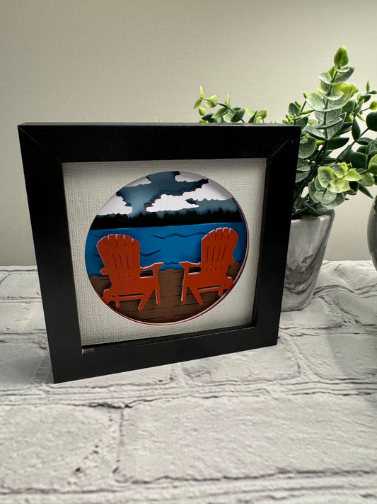 Chairs on the dock at the lake mini 3D paper art in a shadowbox