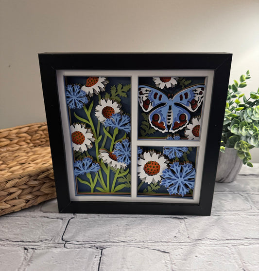 Butterfly 3 panel scene cornflower butterfly 3D paper art in a shadowbox