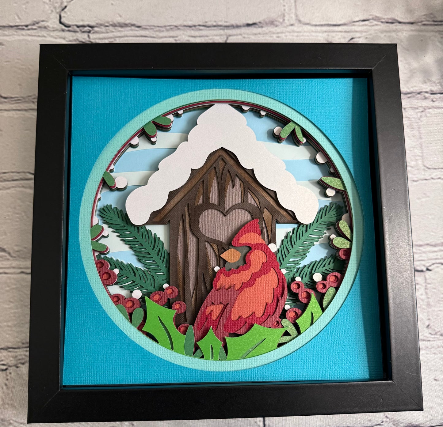 Cardinal with snowy birdhouse 3D paper art shadowbox