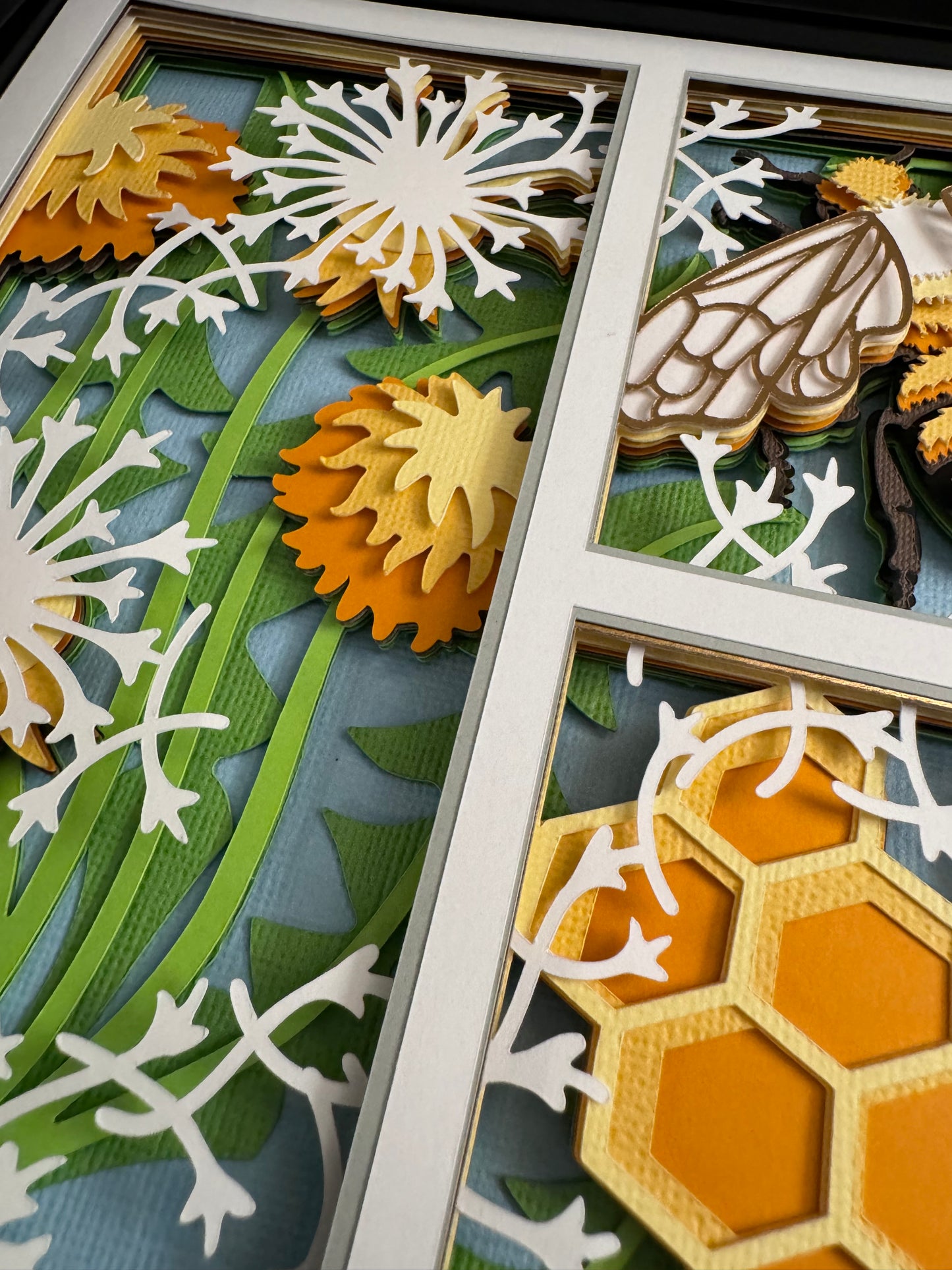 Bee scene three panel design 3D paper art in a shadowbox