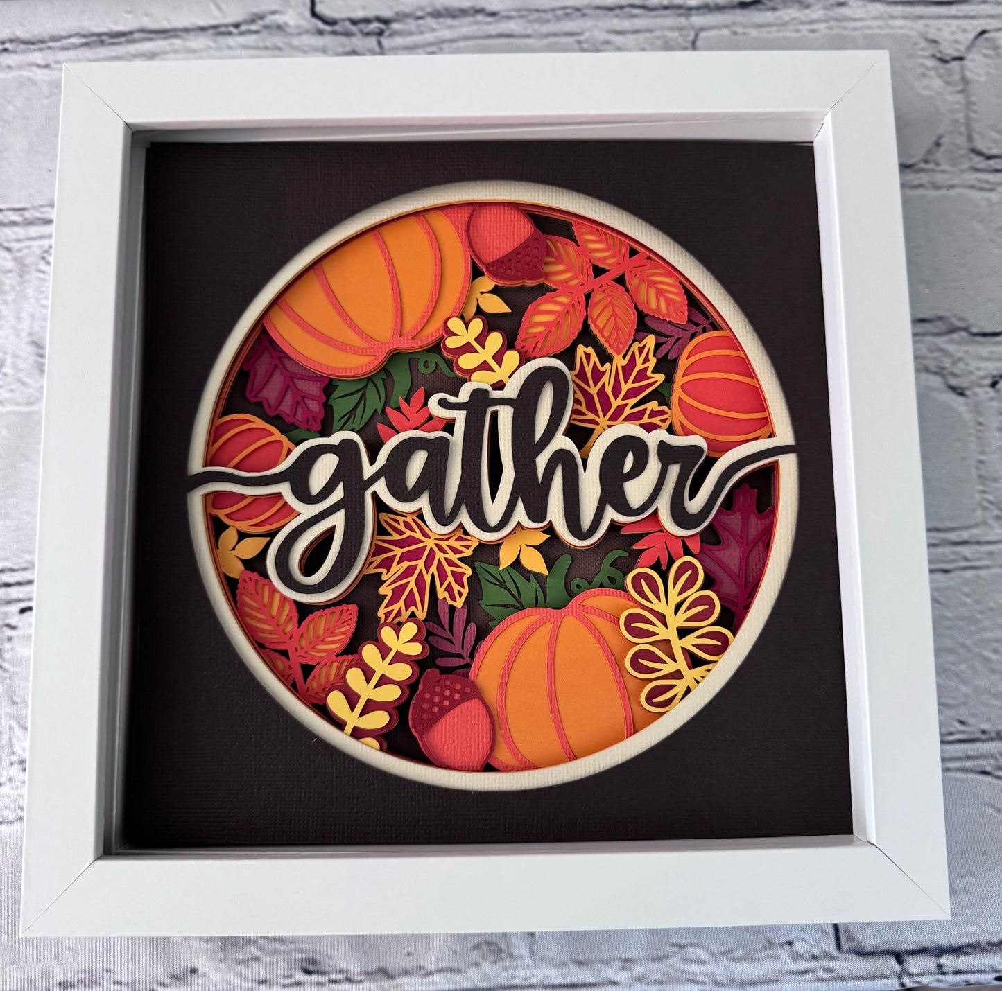 Gather fall leaves and pumpkins design 3D paper art in a shadowbox