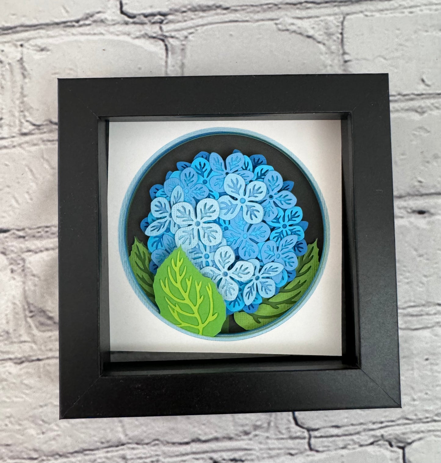 Hydrangea branch flowers mini 3D paper art in a shadowbox