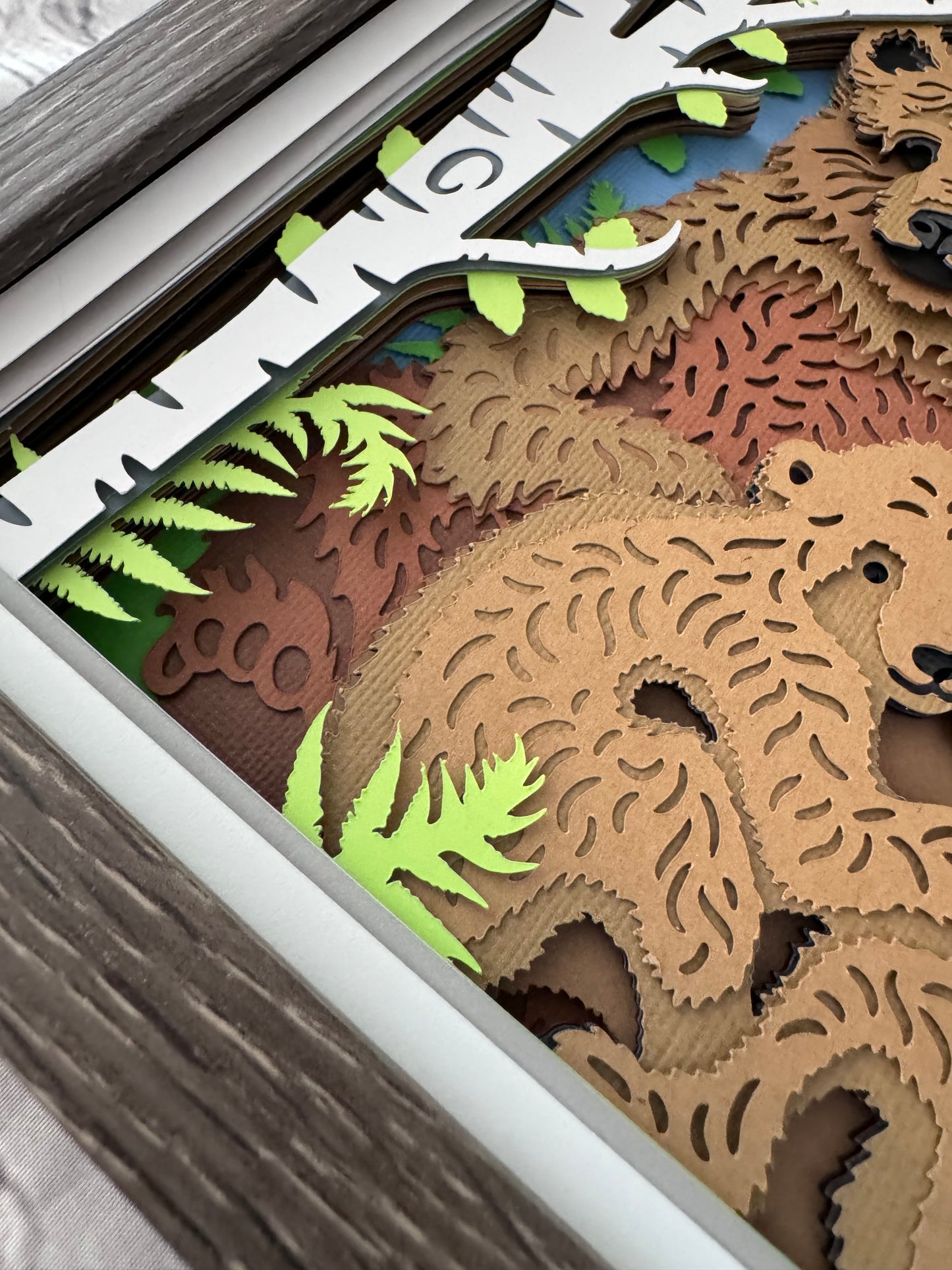 Brown bear family design 3D paper art in a shadowbox