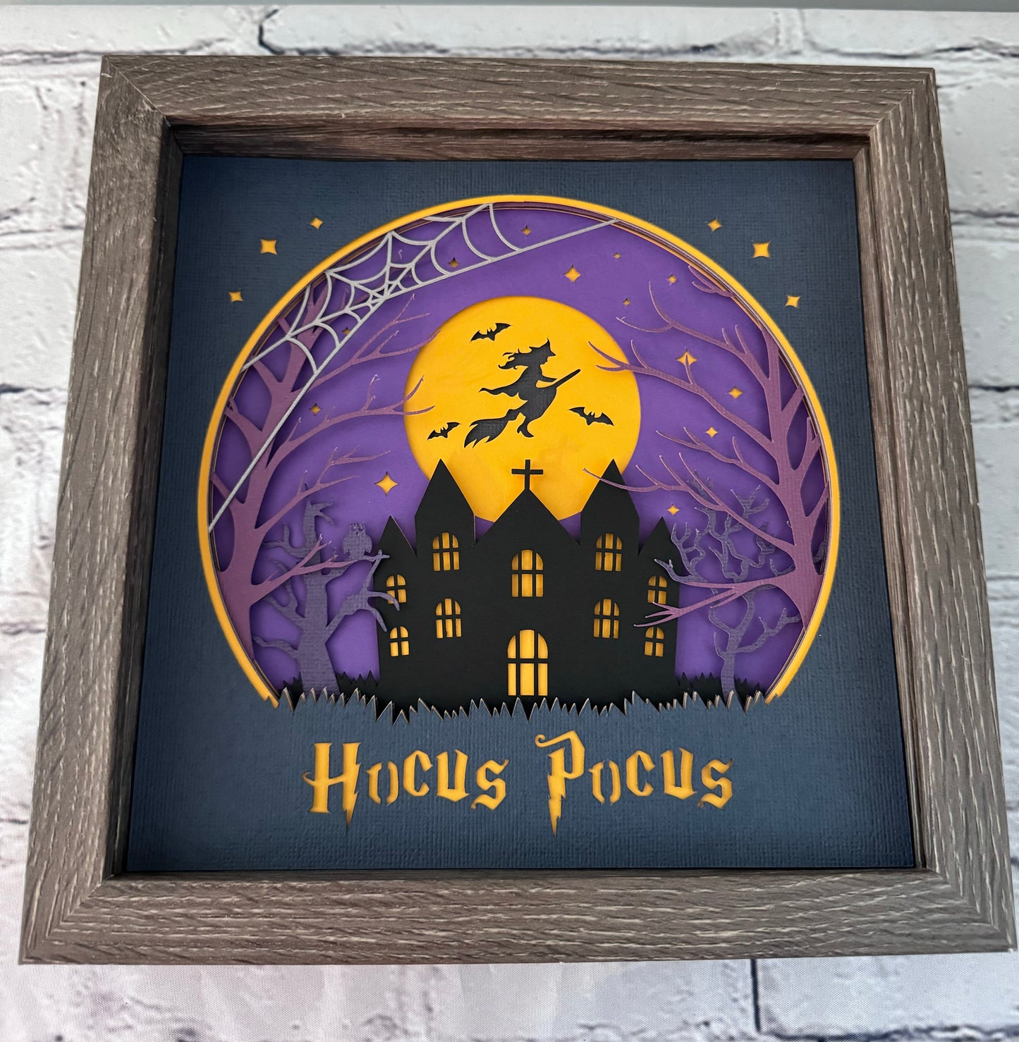 Purple hocus pocus witch flying design 3D paper art in a shadowbox