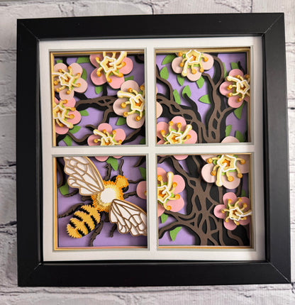 Bee scene bee with floral tree 3D paper art in a shadowbox